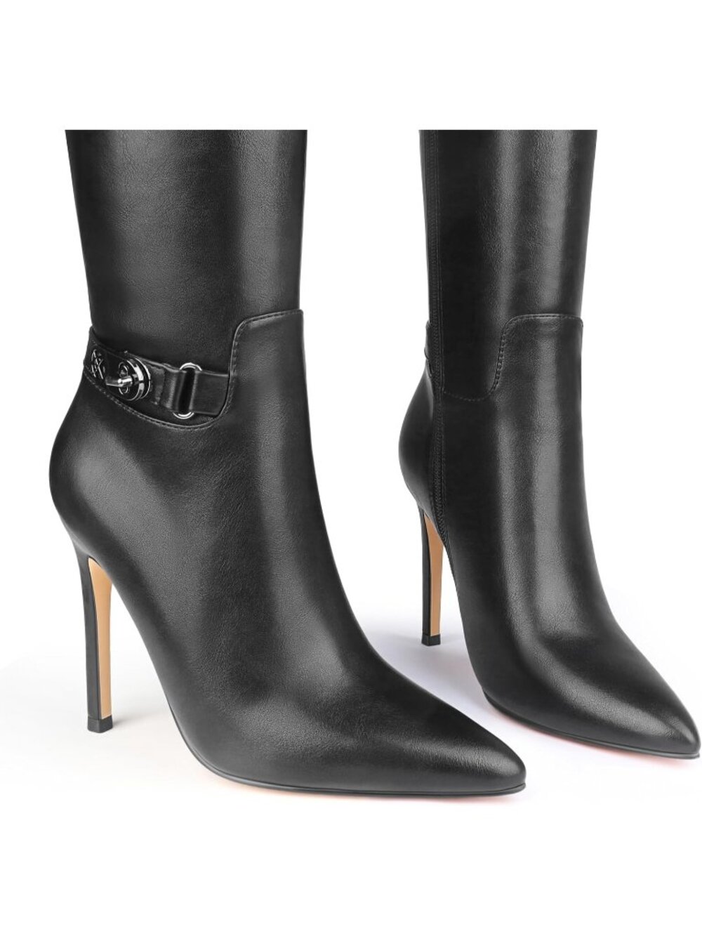 Women's Black Faux Leather Pointed Toe Stiletto Fashionable Knee High Boots - Picture 5 of 6